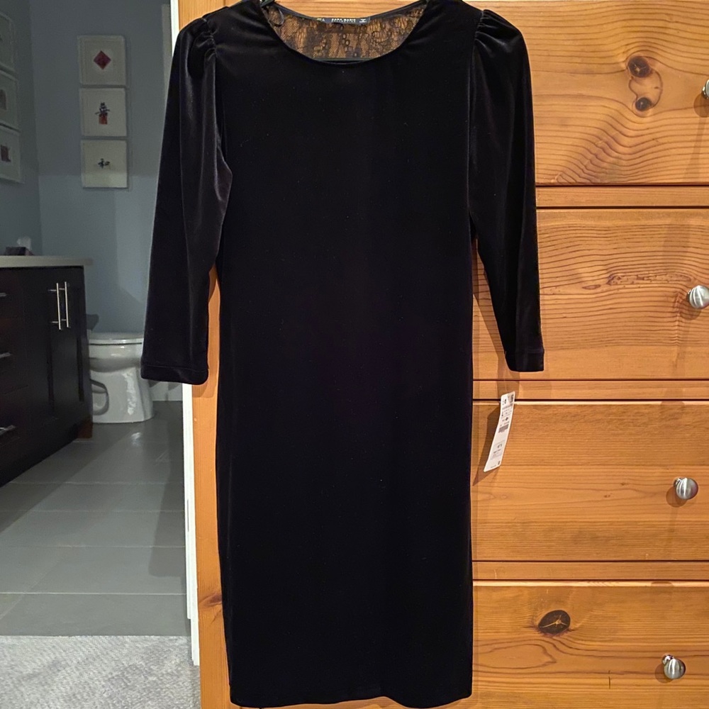 Zara Black Velvet Dress with Lace Back NEW NWT